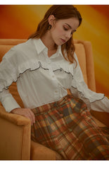 Women's Cotton Poplin Button-Up Shirt with Ruffled Sleeves and Tailored Fit Top