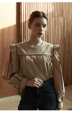 Linen Blouse with Contrast Piping and Structured Sleeves – Women’s Vintage-Inspired Top