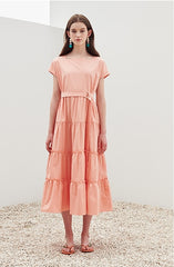 Tiered Cotton Poplin Midi Dress with Belt and Cap Sleeves – Lightweight Feminine Silhouette