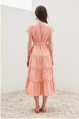 Tiered Cotton Poplin Midi Dress with Belt and Cap Sleeves – Lightweight Feminine Silhouette