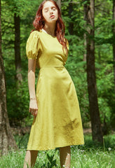 Puff Sleeve Midi A-Line Linen Dress With Flared Hem