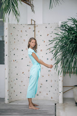 Linen Wrap Midi Dress with Side Tie, Kimono Sleeves, and V-Neckline