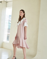 Ruffle Collar Linen Dress with Flounced Hem and Layered Sleeves for Elegant Summer Style