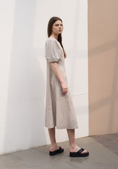 Square Neck Linen Midi Dress with Puff Sleeves and Button-Front A-Line Silhouette