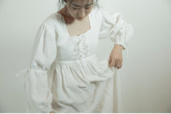 Lorena Linen Cotton Square Neck Lace Up Maxi Dress