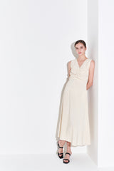 Sleeveless Linen Midi Dress for Women with V-Neckline and Draped Waist Detail – Flared Skirt