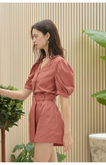 V-neck Puff Sleeve Button-Down Linen Blouse for Women