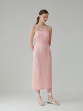 Linen Midi Dress With Square Neckline And Open Back Lace-Up Detail