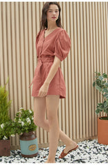 V-neck Puff Sleeve Button-Down Linen Blouse for Women