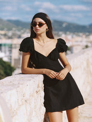 Linen Puff Sleeve Mini Dress with Sweetheart Neckline and Fitted Waist