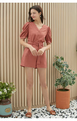 V-neck Puff Sleeve Button-Down Linen Blouse for Women