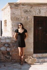 Linen Puff Sleeve Mini Dress with Sweetheart Neckline and Fitted Waist