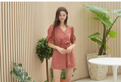 V-neck Puff Sleeve Button-Down Linen Blouse for Women
