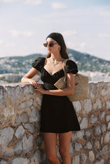 Linen Puff Sleeve Mini Dress with Sweetheart Neckline and Fitted Waist