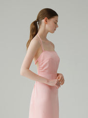 Linen Midi Dress With Square Neckline And Open Back Lace-Up Detail