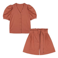 V-neck Puff Sleeve Button-Down Linen Blouse for Women