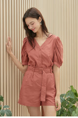 V-neck Puff Sleeve Button-Down Linen Blouse for Women