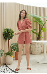 V-neck Puff Sleeve Button-Down Linen Blouse for Women