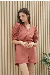 V-neck Puff Sleeve Button-Down Linen Blouse for Women