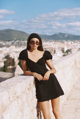 Linen Puff Sleeve Mini Dress with Sweetheart Neckline and Fitted Waist