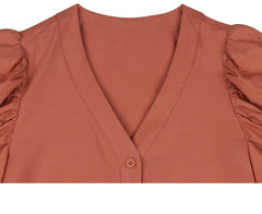 V-neck Puff Sleeve Button-Down Linen Blouse for Women
