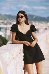 Linen Puff Sleeve Mini Dress with Sweetheart Neckline and Fitted Waist