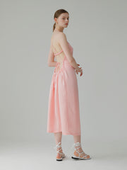 Linen Midi Dress With Square Neckline And Open Back Lace-Up Detail