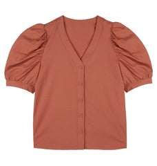 V-neck Puff Sleeve Button-Down Linen Blouse for Women