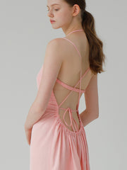 Linen Midi Dress With Square Neckline And Open Back Lace-Up Detail