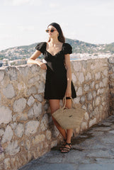 Linen Puff Sleeve Mini Dress with Sweetheart Neckline and Fitted Waist