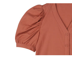 V-neck Puff Sleeve Button-Down Linen Blouse for Women