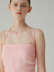 Linen Midi Dress With Square Neckline And Open Back Lace-Up Detail