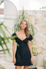 Linen Puff Sleeve Mini Dress with Sweetheart Neckline and Fitted Waist