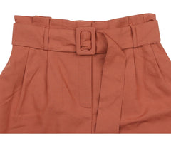 High-Rise Linen Shorts With Pleated Front and Statement Belt Detail