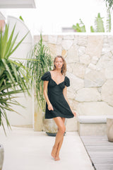 Linen Puff Sleeve Mini Dress with Sweetheart Neckline and Fitted Waist