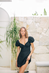 Linen Puff Sleeve Mini Dress with Sweetheart Neckline and Fitted Waist