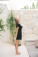 Linen Puff Sleeve Mini Dress with Sweetheart Neckline and Fitted Waist