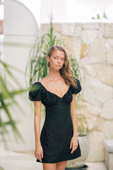 Linen Puff Sleeve Mini Dress with Sweetheart Neckline and Fitted Waist