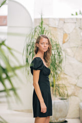 Linen Puff Sleeve Mini Dress with Sweetheart Neckline and Fitted Waist