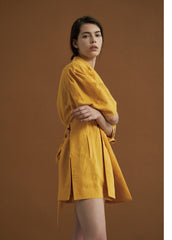 Elegant Linen Wrap Jacket with Oversized Sleeves and Waist Tie