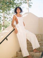 Linen Wide-Leg Jumpsuit with Shoulder Tie Straps and Oversized Patch Pockets