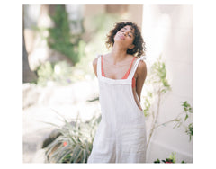 Linen Wide-Leg Jumpsuit with Shoulder Tie Straps and Oversized Patch Pockets