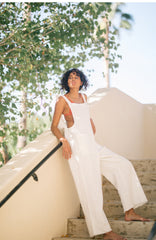 Linen Wide-Leg Jumpsuit with Shoulder Tie Straps and Oversized Patch Pockets