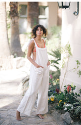 Linen Wide-Leg Jumpsuit with Shoulder Tie Straps and Oversized Patch Pockets