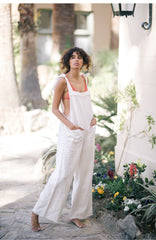 Linen Wide-Leg Jumpsuit with Shoulder Tie Straps and Oversized Patch Pockets