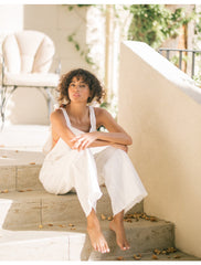 Linen Wide-Leg Jumpsuit with Shoulder Tie Straps and Oversized Patch Pockets