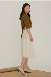 Tailored Linen Blouse With Half Sleeves And Waist Tie For Elevated Everyday Styling