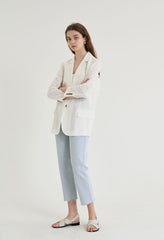 Long-Sleeve Linen Blazer With Tailored Notch Lapels And Button Front For Structured Layering