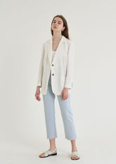 Long-Sleeve Linen Blazer With Tailored Notch Lapels And Button Front For Structured Layering