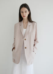 Long-Sleeve Linen Blazer With Notch Lapels And Front Pockets For Soft-Structured Elegance